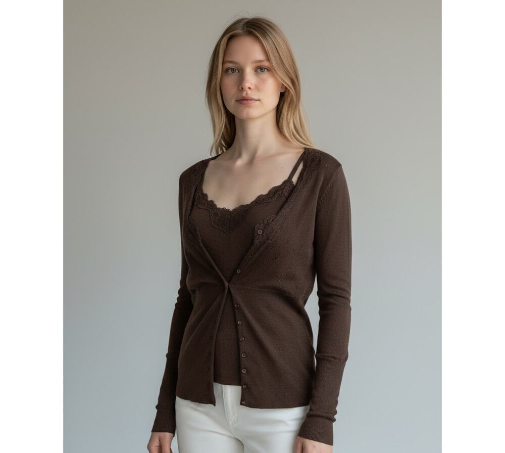 Talbots Silk Cashmere 2-Piece Twinset Sweater Tank Set Brown Pointelle Lace XL